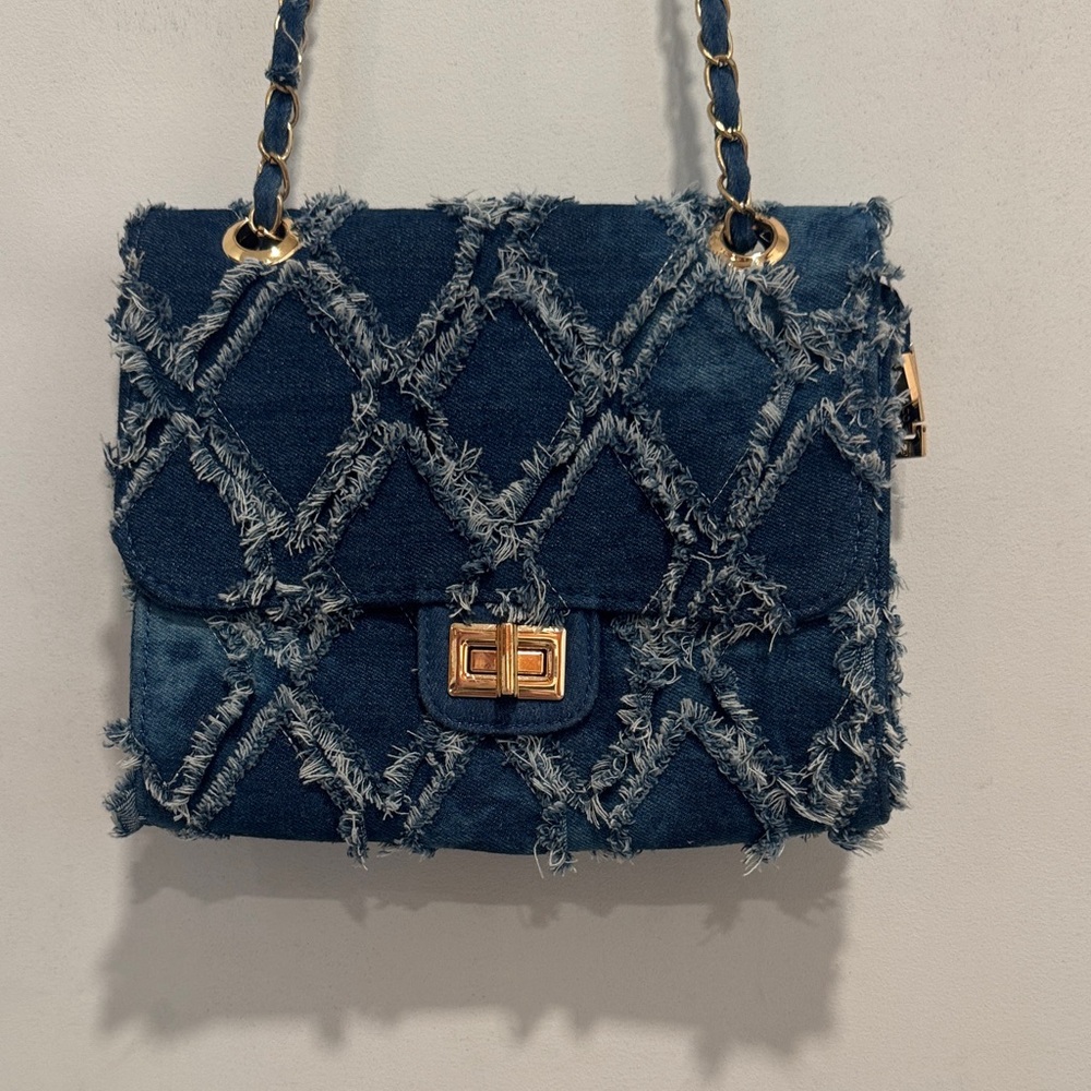 Stylish Blue Distressed Denim, Cream Fringe and gold accents Shoulder Bag